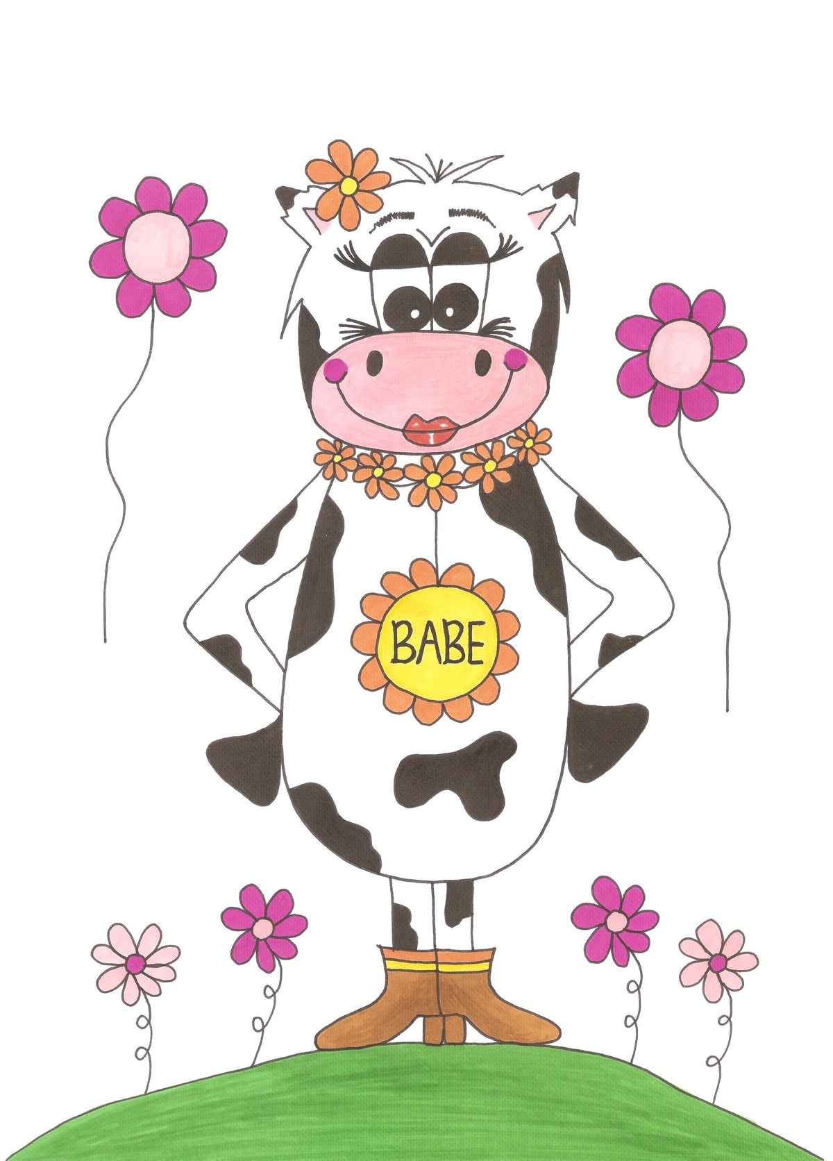 A cartoon cow character standing on a green hill with pink flowers around it. The cow is white with black spots, wears a flower crown and flower necklace, has a yellow circular badge on its belly that says 'BABE', and stands in brown boots against a plain white background.
