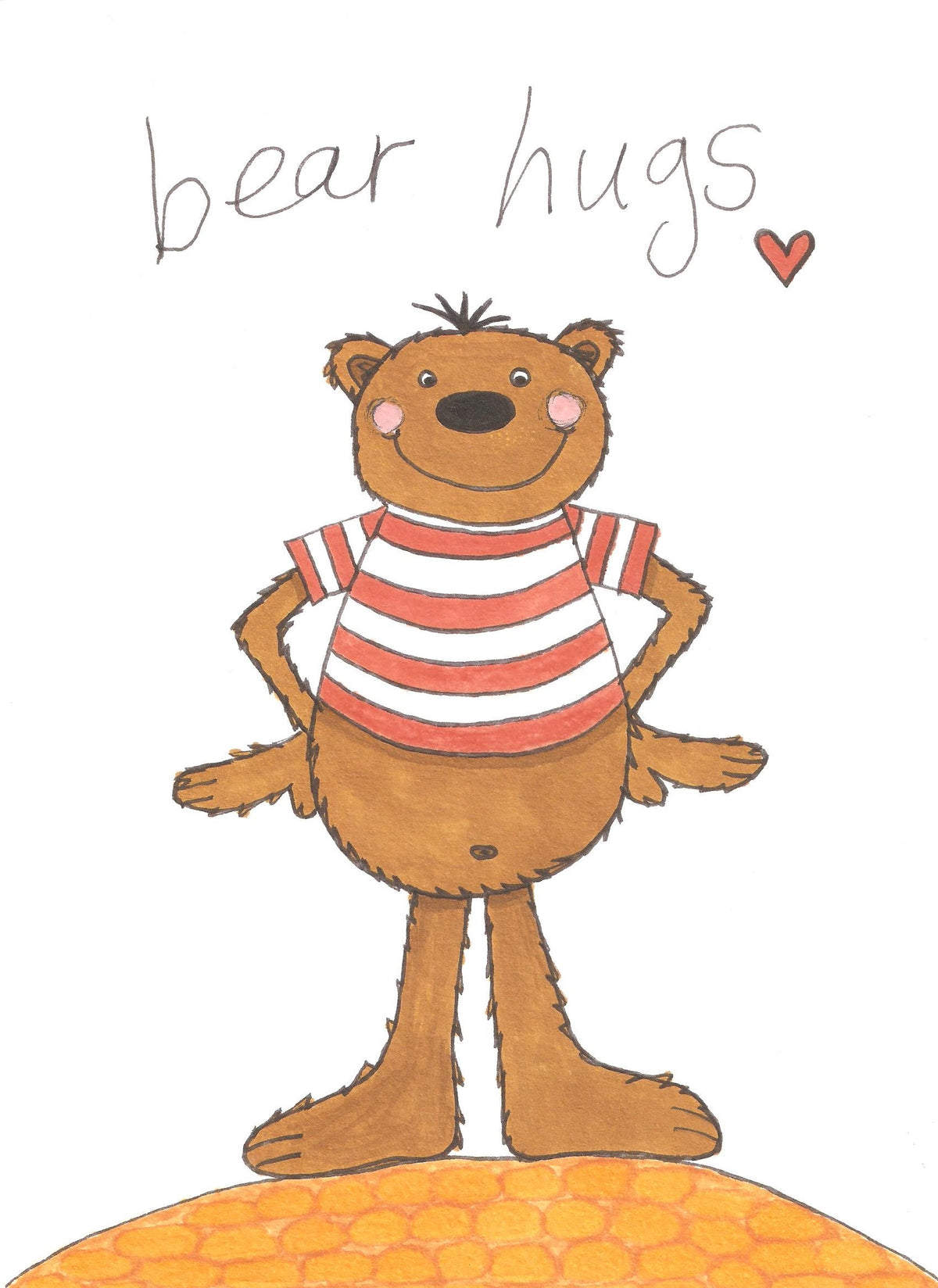 A whimsical illustration of a brown bear standing on an orange textured surface against a white background, wearing a red and white striped shirt. Handwritten text at the top reads 'bear hugs' with a small red heart.