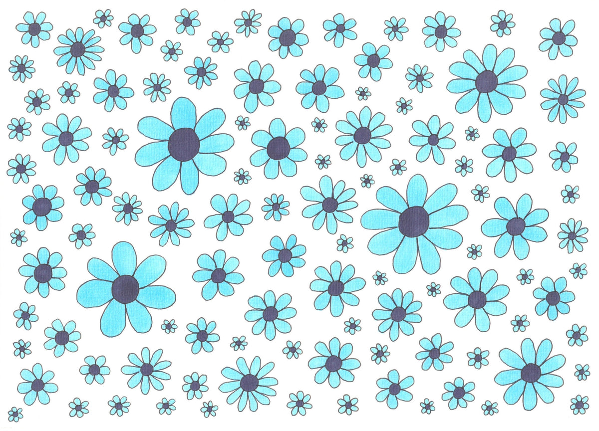 A repeating pattern of hand-drawn daisy-like flowers in light blue with dark blue centers, scattered across a white background.