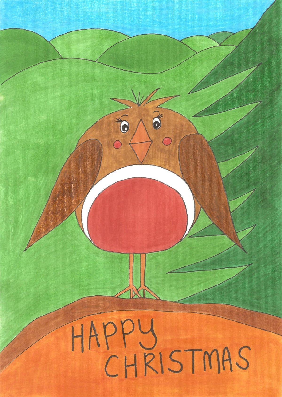 A colourful Christmas-style illustration of a brown bird with a red chest standing on an orange ground, with green hills in the background and the words “HAPPY CHRISTMAS” written at the bottom.