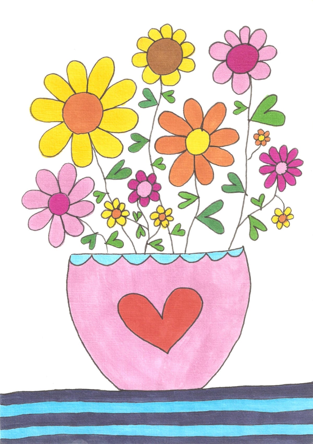 A colourful illustration of a pink flower pot with a red heart, filled with yellow, orange, pink, and purple flowers on a blue stripe table cloth.