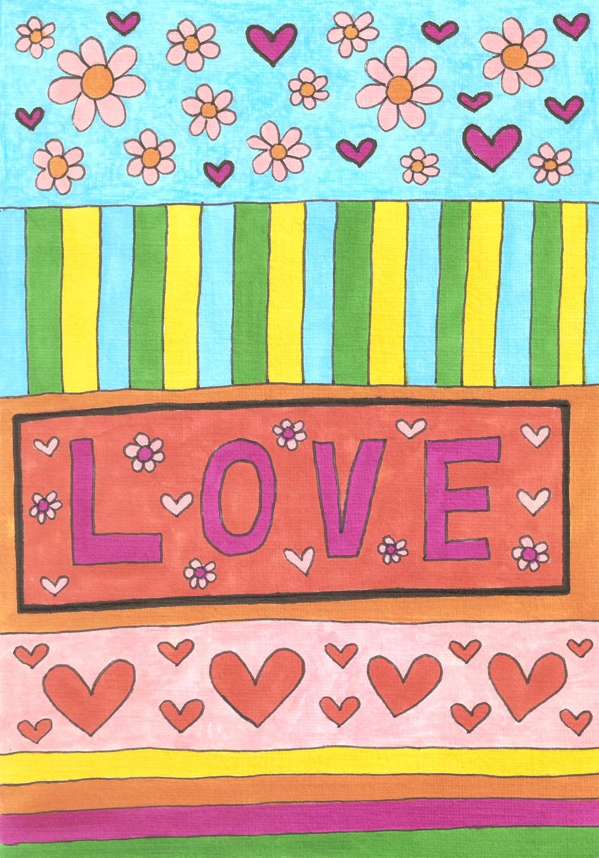 A colourful hand-drawn art print featuring the word 'LOVE' in large pink letters inside an orange-brown rectangle, surrounded by hearts and flowers. The design includes striped bands in green and yellow, a light blue top section with pink flowers, and multiple heart patterns across the lower sections.