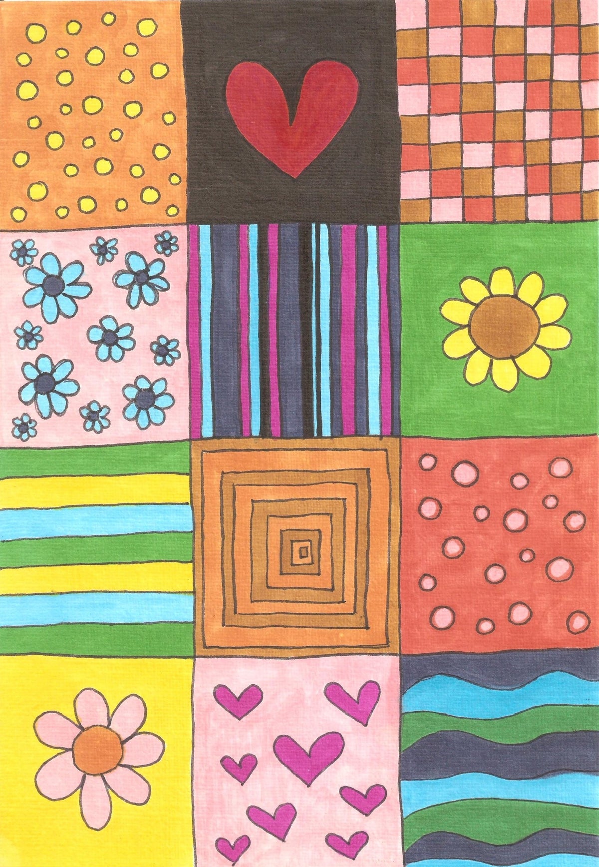 A colorful square patchwork artwork made of nine panels with different patterns and illustrations, including hearts, flowers, stripes, dots, and sunflowers.