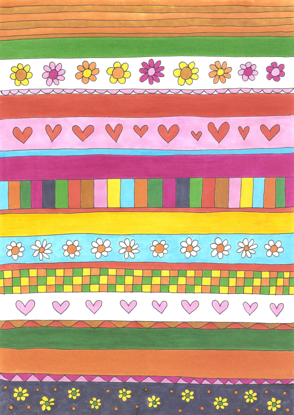 A colourful hand-drawn horizontal striped artwork pattern design featuring bands of orange, green, pink, yellow, blue, and white, decorated with flowers, hearts, stripes, and checked patterns.