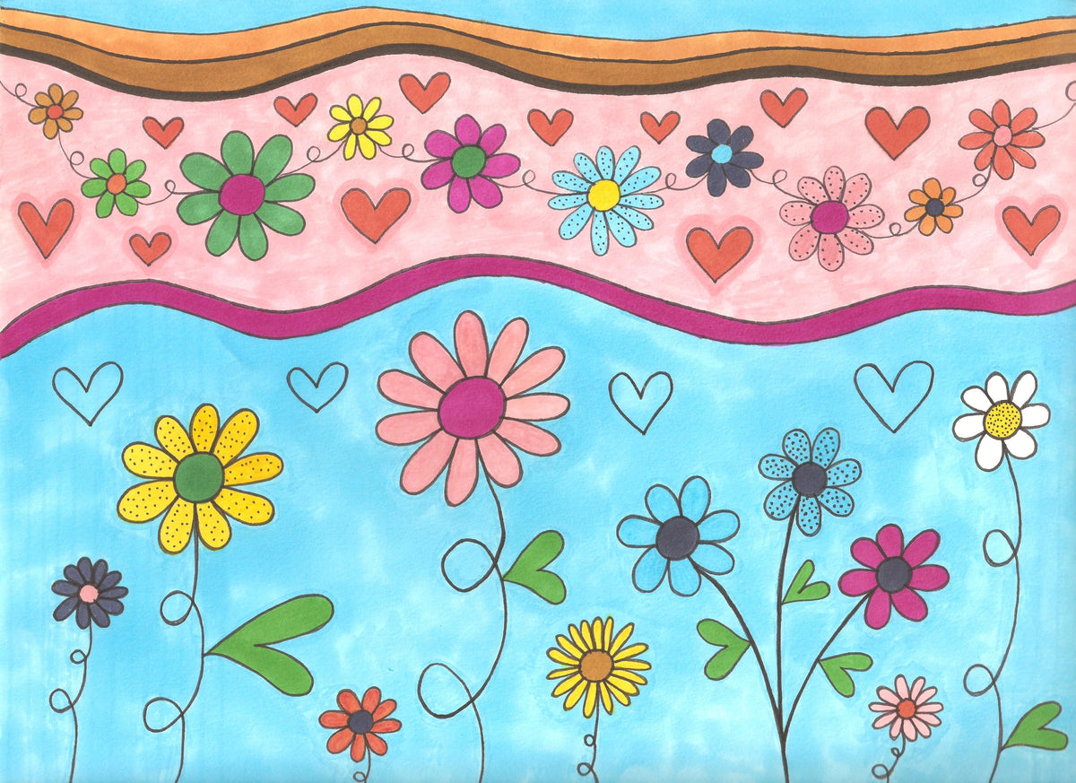 A colorful floral and heart pattern artwork with a pink top band, wavy brown lines, and a light blue lower background filled with flowers and hearts.