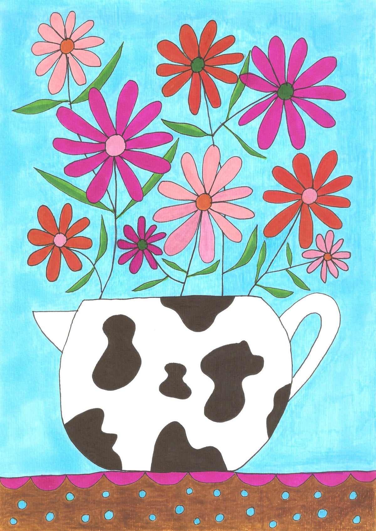 A colorful painting of a white jug with black cow spots, filled with pink, red, and purple flowers against a bright blue background, on a brown and blue spotty tablecloth.