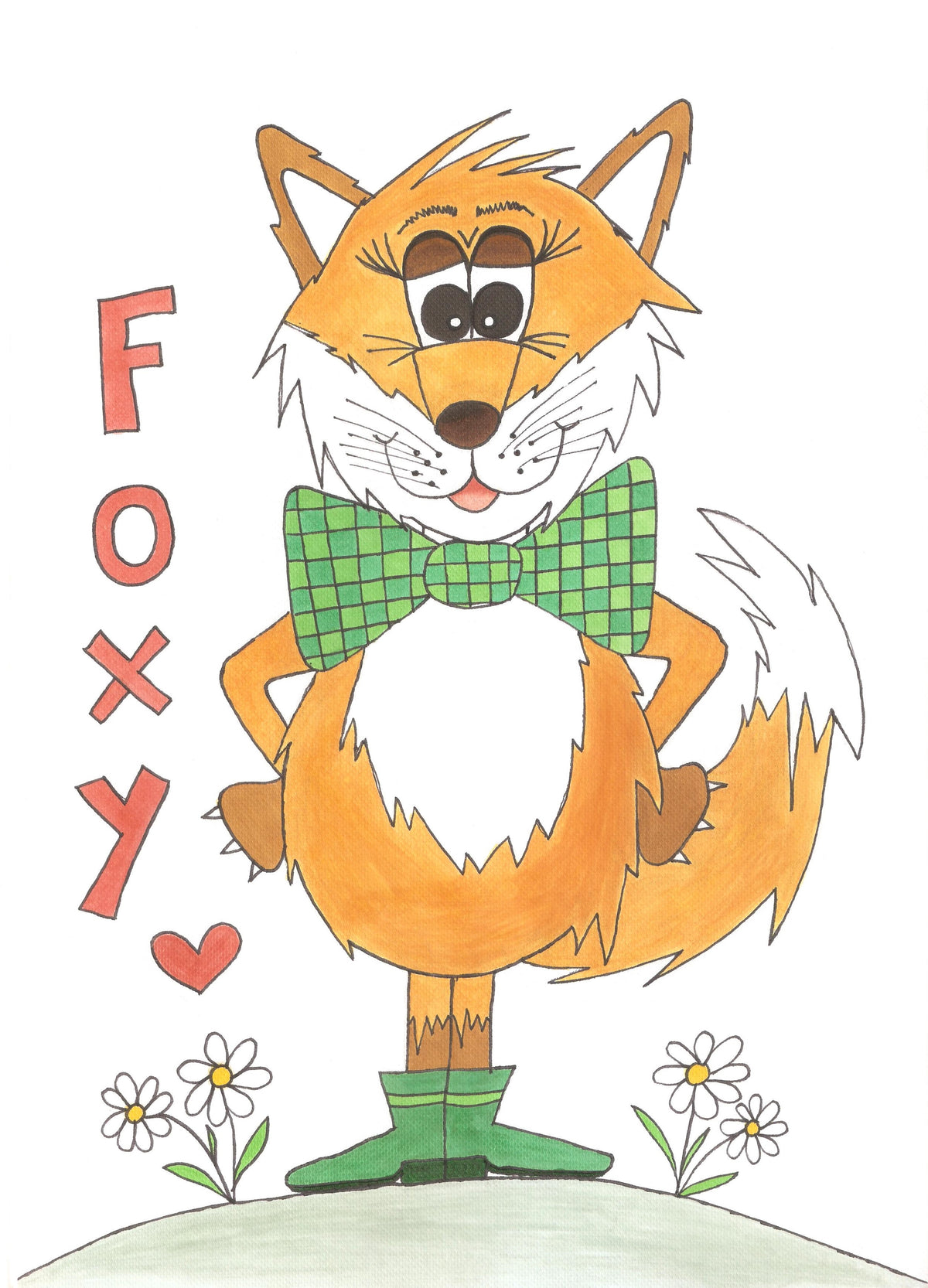 A cartoon fox illustration on a white background, wearing a green plaid bow tie and green boots, with the word 'Foxy' and a small red heart printed to the left. Small white flowers appear near the bottom.