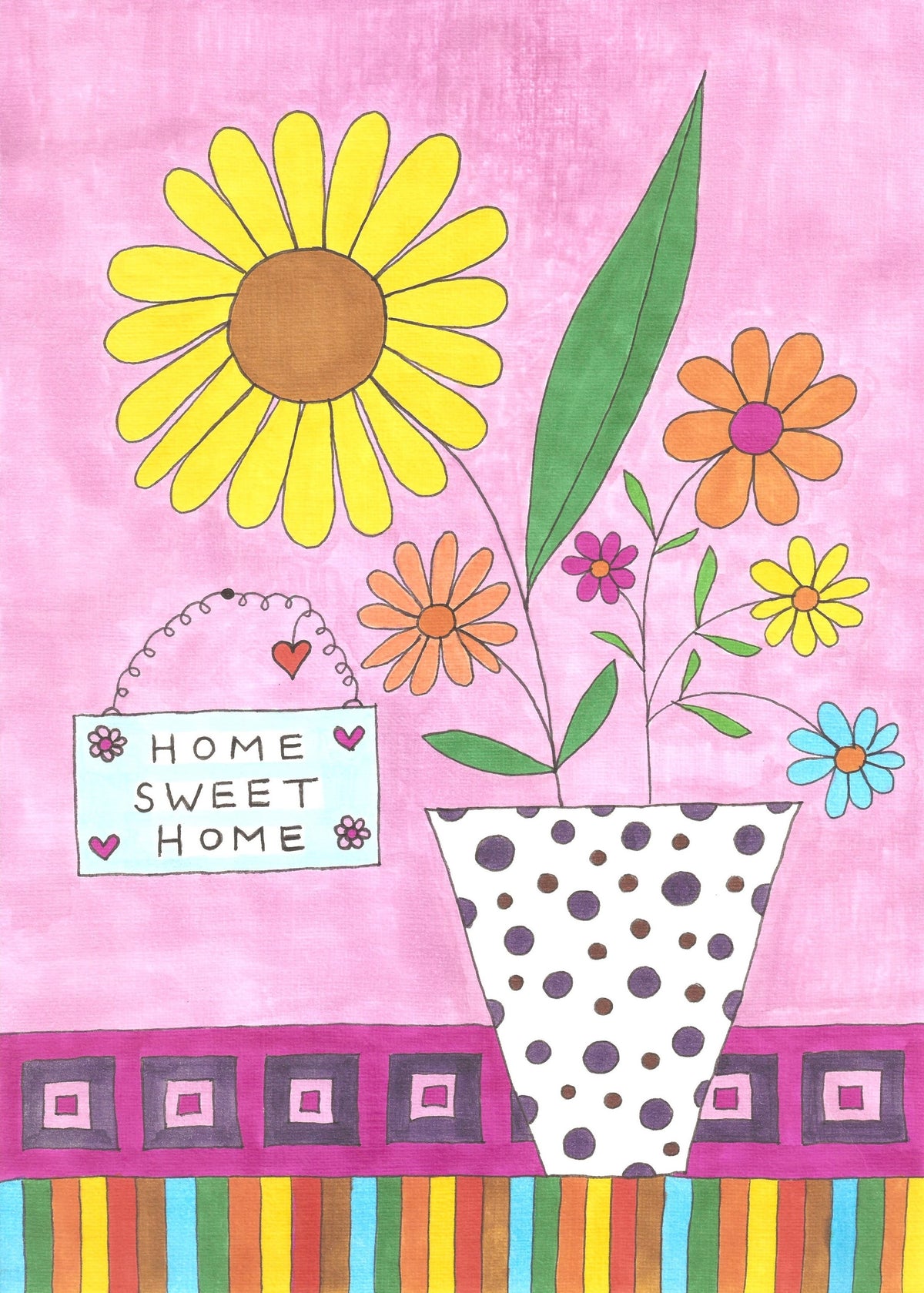 A colourful folk-art style illustration of flowers in a white polka-dot vase against a pink background, with a sign that reads 'HOME SWEET HOME' and striped decorative table cloth at the bottom.