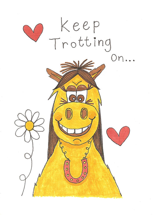 A whimsical hand-drawn illustration of a yellow horse with brown hair, wearing a pink horseshoe necklace, with the text 'Keep Trotting on.