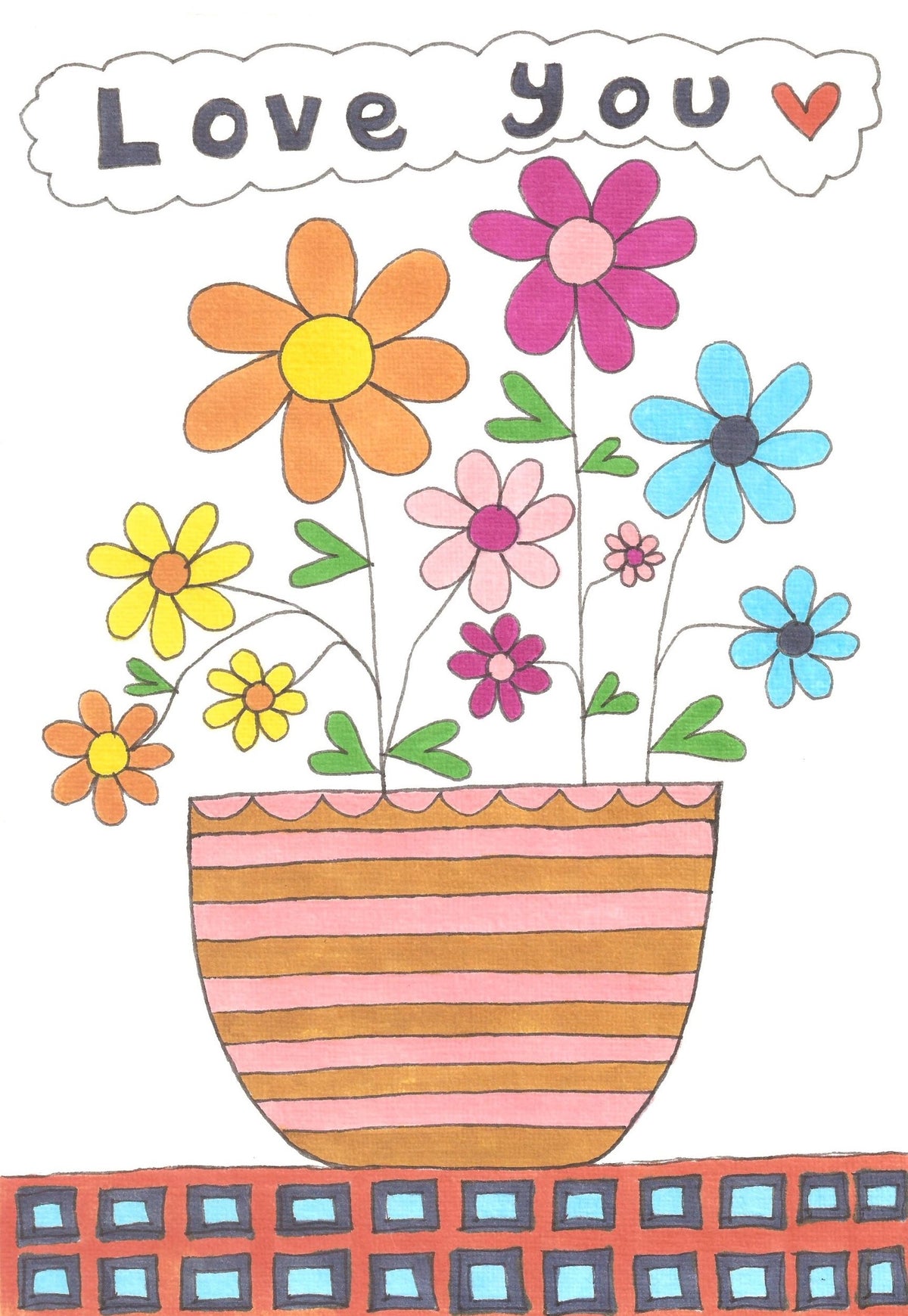 A colorful hand-drawn style illustration of a striped flower pot filled with bright flowers, with the words “Love you” and a small heart at the top on a white background.