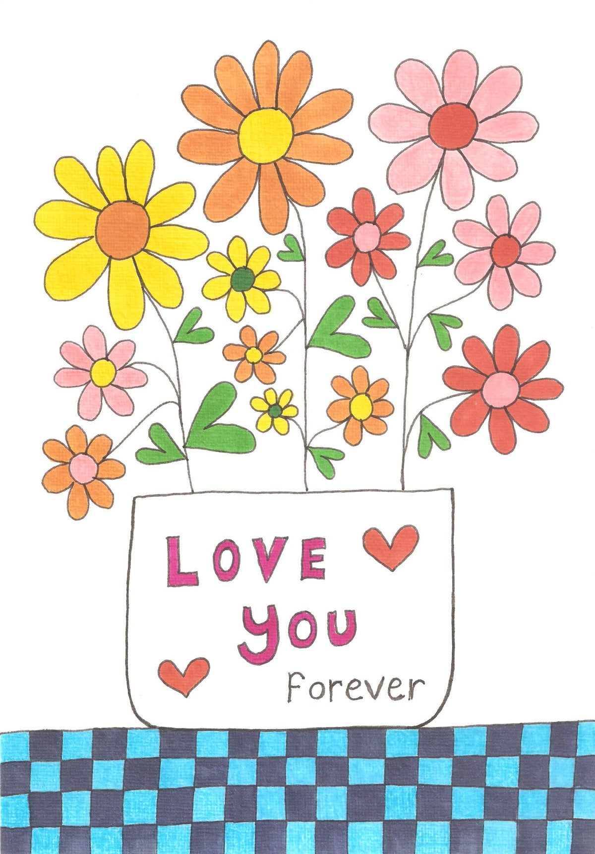 A colorful floral illustration with hand-drawn daisies and small flowers in yellow, orange, pink, and red, arranged in a white pot that reads 'LOVE You Forever.' The pot sits above a blue checkered pattern on a white background.