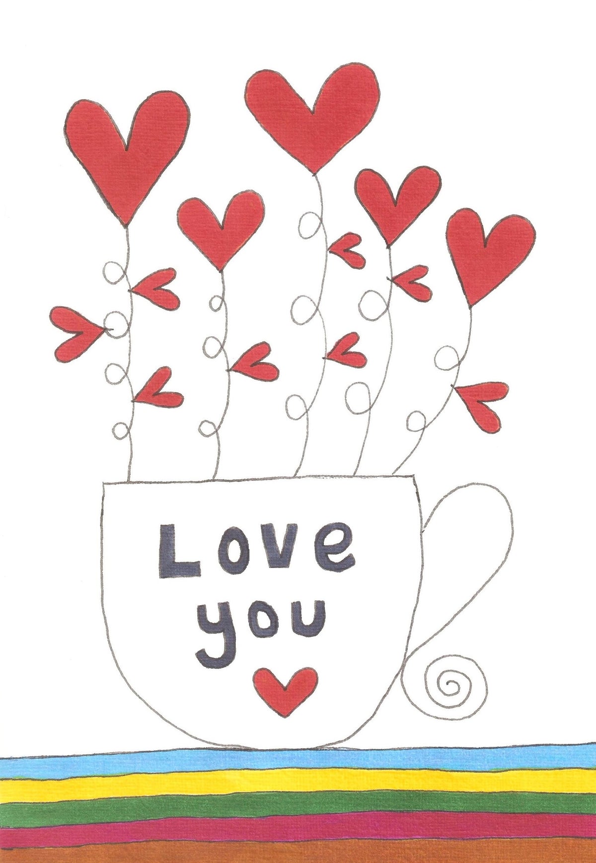 A whimsical illustration of a white teacup with the words 'Love you' and a small heart, with red hearts floating out like balloons above it. The cup sits on a rainbow-striped base against a white background.