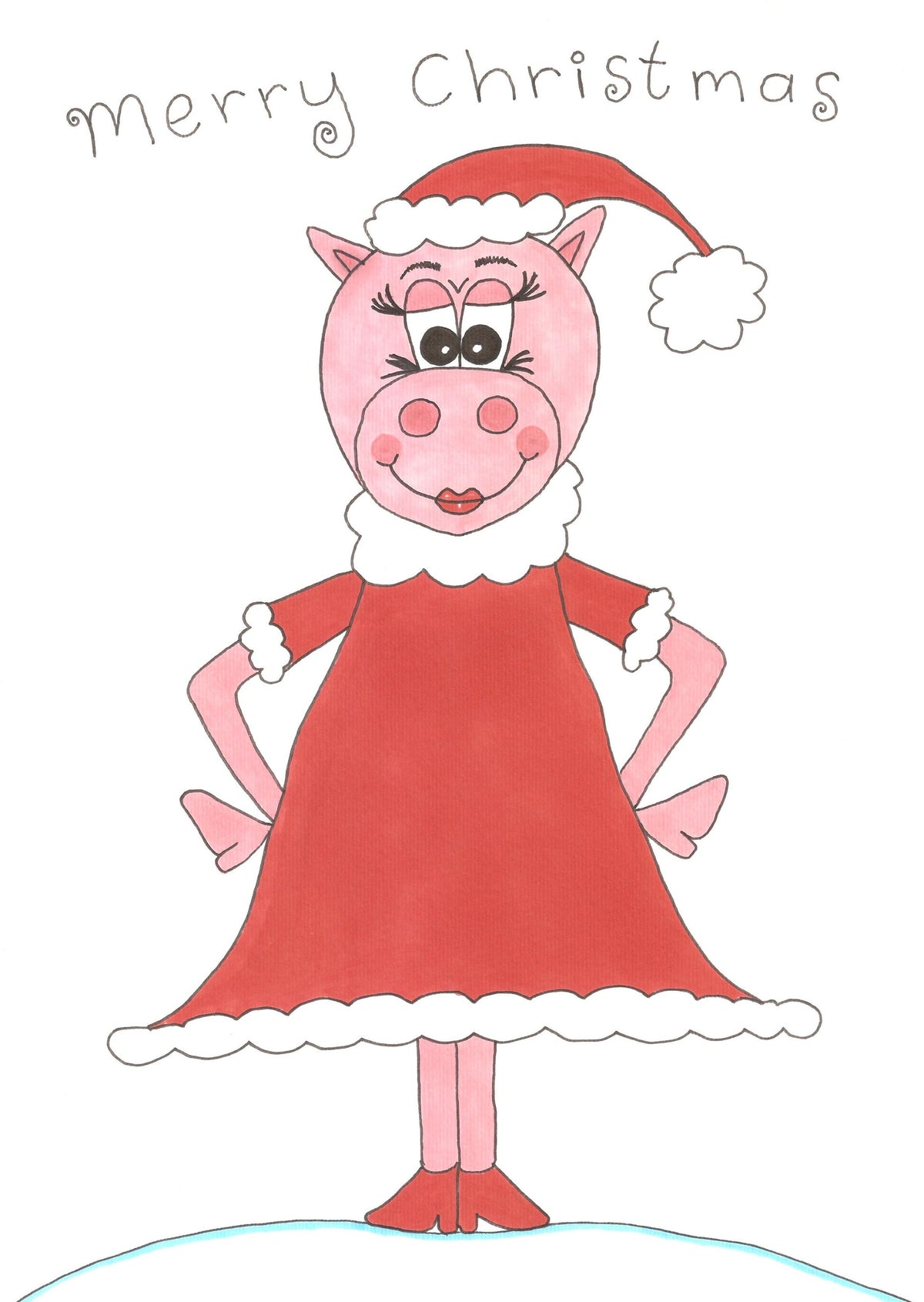 A hand-drawn Christmas greeting card or illustration featuring a pink pig dressed in a red Santa hat and red dress with white trim, with the words 'Merry Christmas' written at the top on a white background.