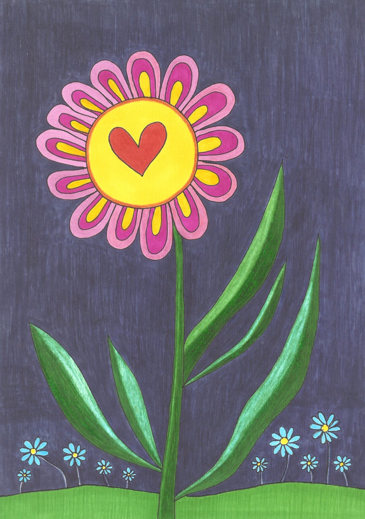 A stylised folk-art style flower illustration with a large pink and yellow bloom, a red heart in the centre, green leaves and stem, and small blue flowers along a green ground against a dark midnight blue sky background.