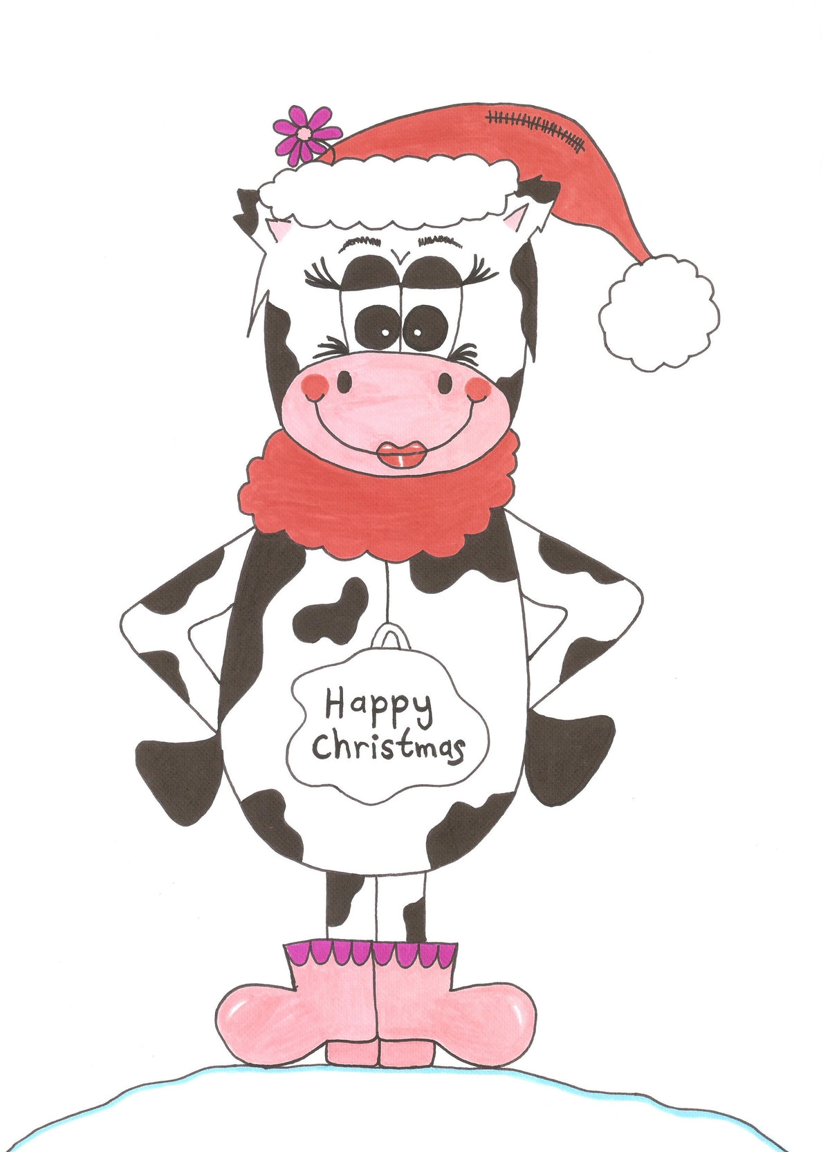 A cartoon Christmas cow character wearing a red Santa hat with a white pom-pom, a red scarf, and pink boots, with a white sign reading 'Happy Christmas' hanging from its neck, on a plain white background.