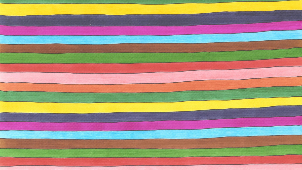 A square art print featuring a hand-painted pattern of horizontal multicolor stripes in shades of green, yellow, purple, blue, pink, red, and brown.