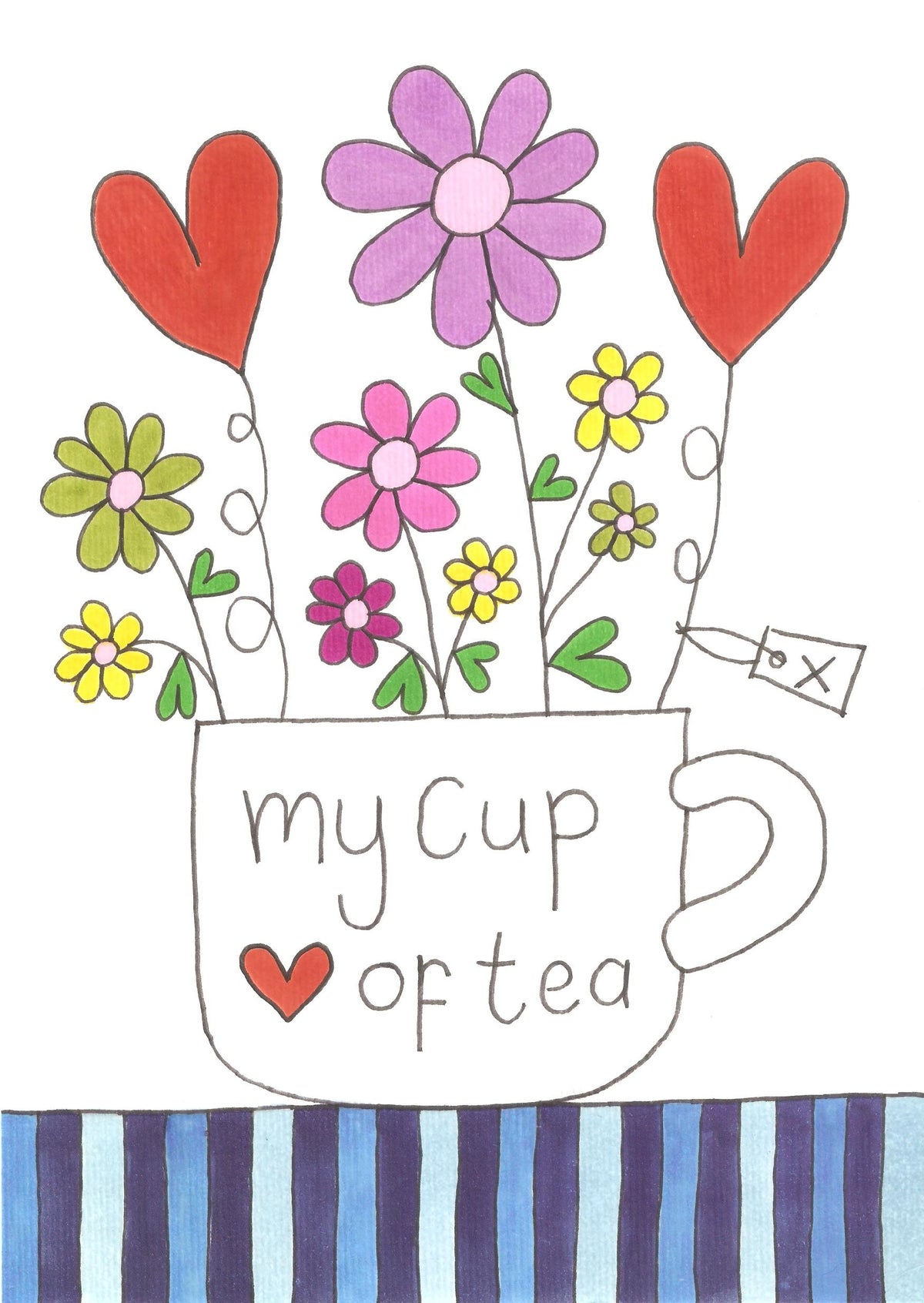 A whimsical illustration of a white teacup with the words 'my Cup of tea' and a small red heart, filled with colorful flowers and topped with two red hearts, set above a blue and white striped surface on a white background.