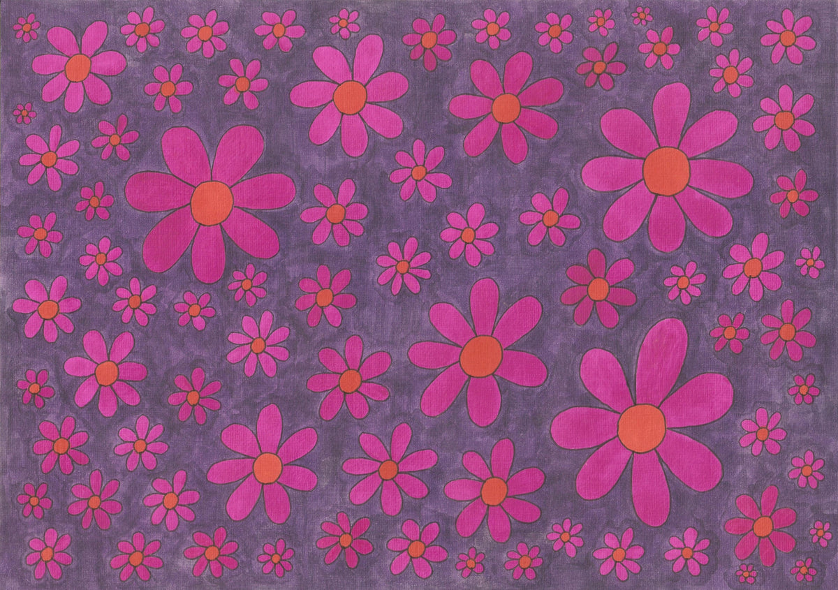 A repeating floral pattern featuring large and small pink daisy-like flowers with orange centers on a textured purple background.