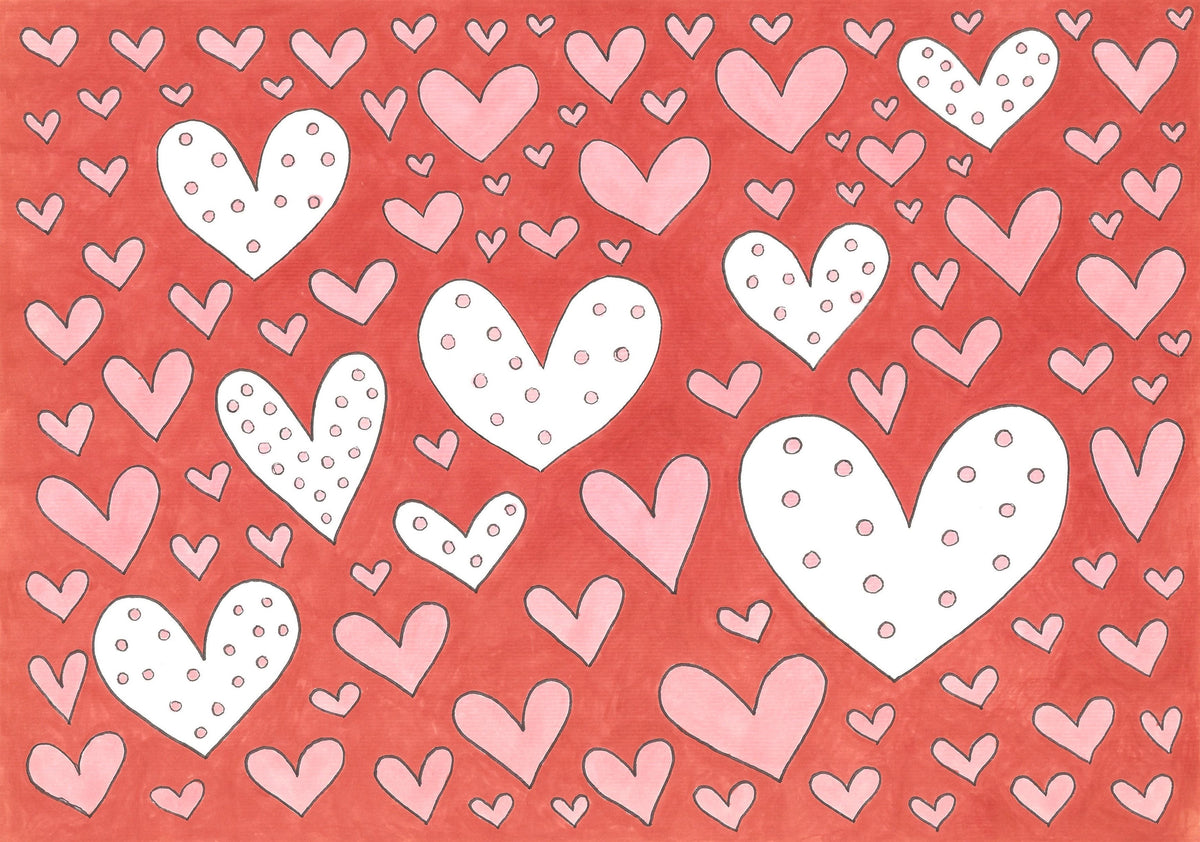 A repeating pattern of hand-drawn hearts in pink and white on a coral-red background, with larger white hearts featuring dotted details and many smaller pink hearts scattered throughout.