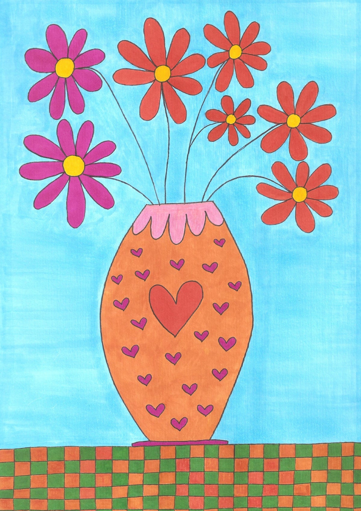 A colorful folk-art style painting of a peach-orange vase with a red heart in the center and small pink hearts around it, filled with red and pink flowers that have yellow centers, set against a light blue background with a green and orange checkered floor.