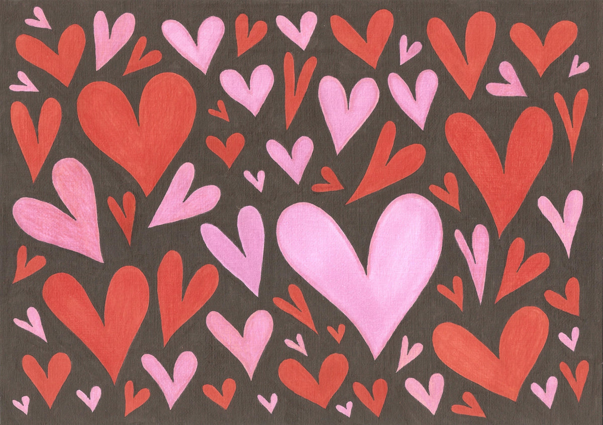 A repeating pattern of hand-drawn hearts in shades of red, coral, pink, and light pink on a black textured background.