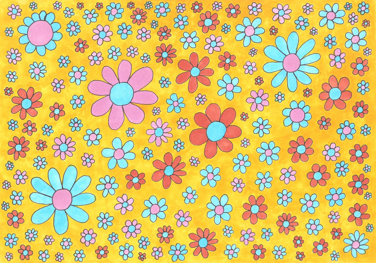 A vibrant retro floral pattern featuring hand-drawn daisies in pink, light blue, and red on a bright yellow background