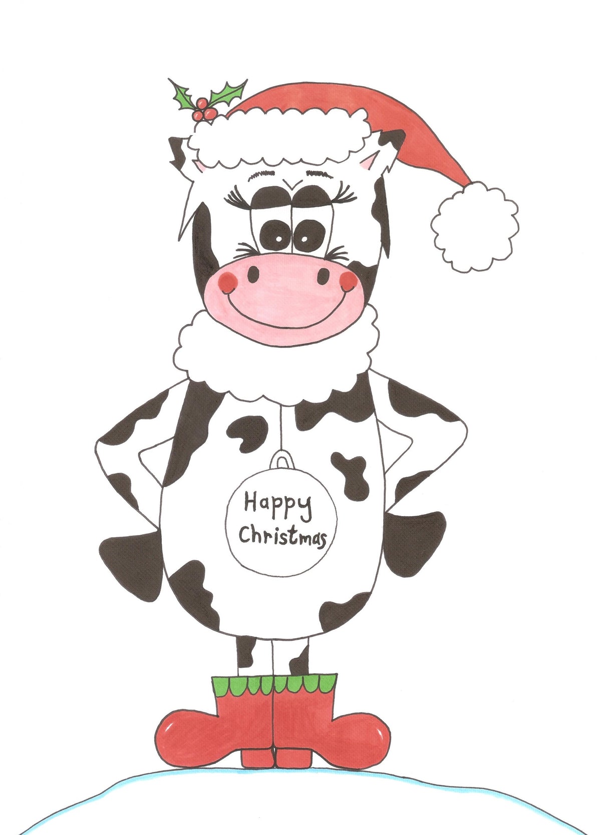 A cartoon illustration of a cow dressed in a Santa hat and scarf, holding a Christmas ornament that says 'Happy Christmas', standing on a snowy ground.