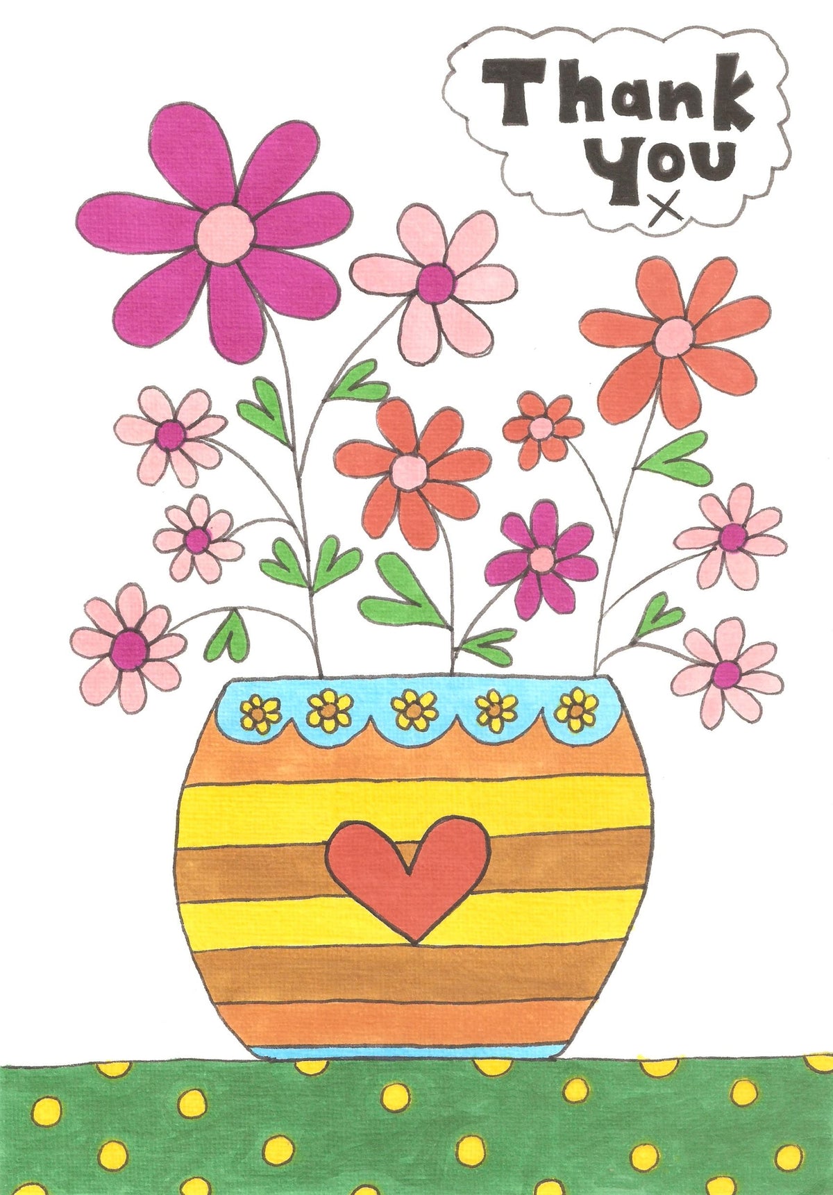 A colorful thank you card design or print featuring a striped yellow and orange pot with a red heart, surrounded by pink, purple, and orange flowers. The card has a white background with a hand-drawn 'Thank You' speech bubble in the top right corner.