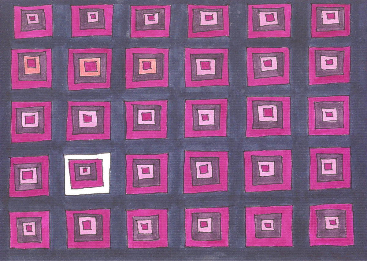 A square abstract artwork featuring a grid of concentric pink and magenta squares on a dark blue background, with one white square in the lower-left area 'The Lonely One'. A5 size Artwork portraying loneliness.