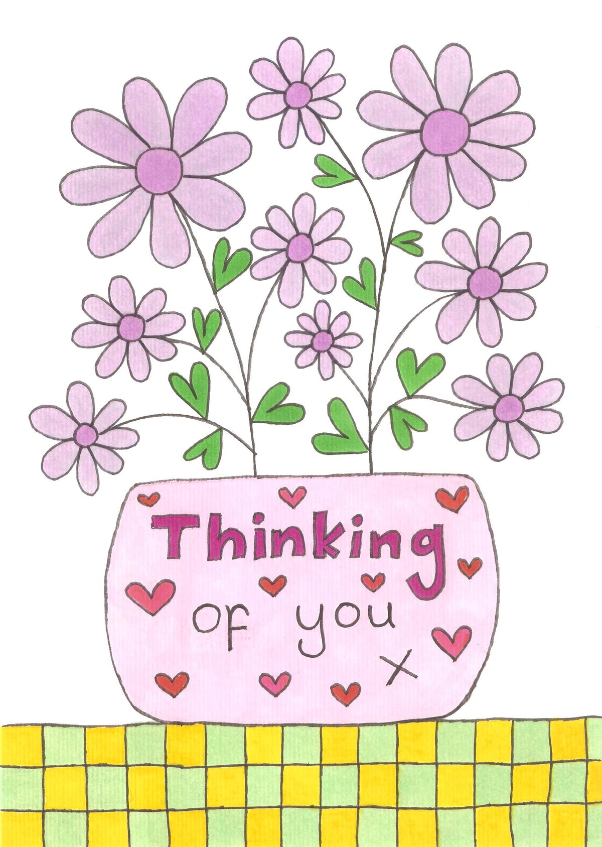 A hand-drawn style illustration of lavender flowers with green leaves in a light pink pot that reads 'Thinking of you' with small hearts, set against a white background on a yellow and green checkered tablecloth at the bottom.