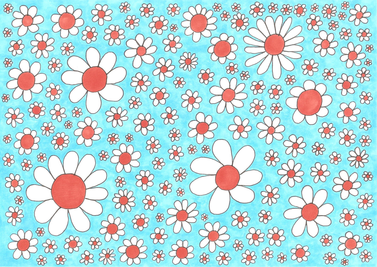 A repeating floral pattern featuring large and small white daisy-like flowers with red centres on a light aqua blue background.